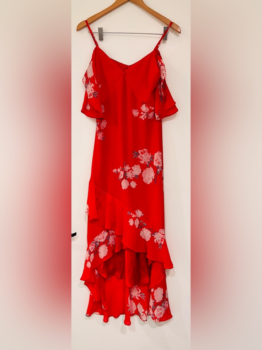 Lulus Floral High Low Maxi Dress Pink Rose Ruffle Cold Shoulder Small S BNWOT